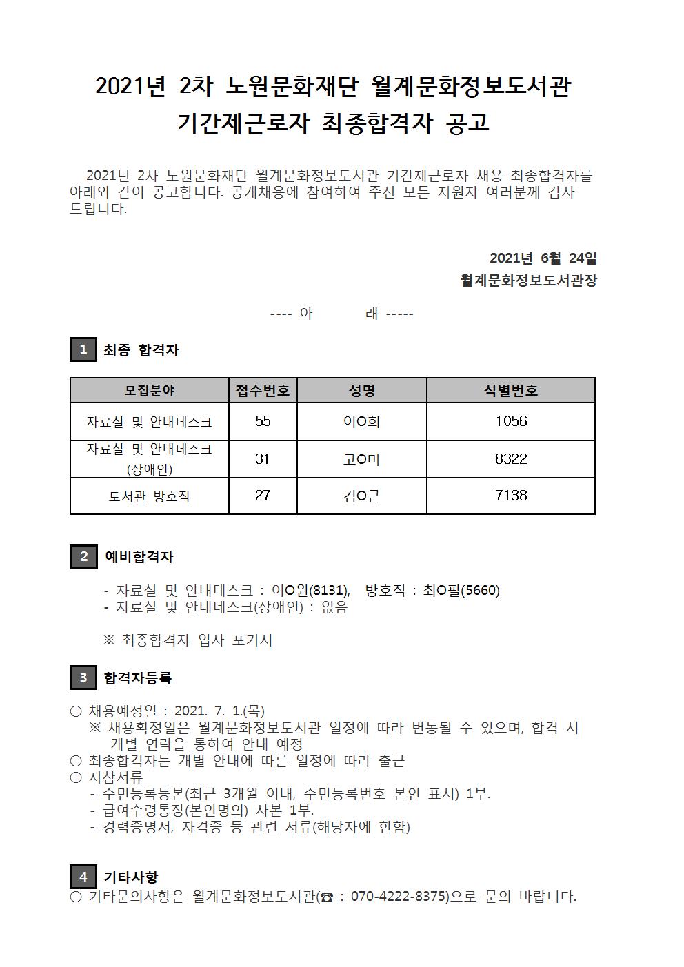 2021년 2차 노원문화재단 월계문화정보도서관 기간제근로자 최종합격자 공고.jpg