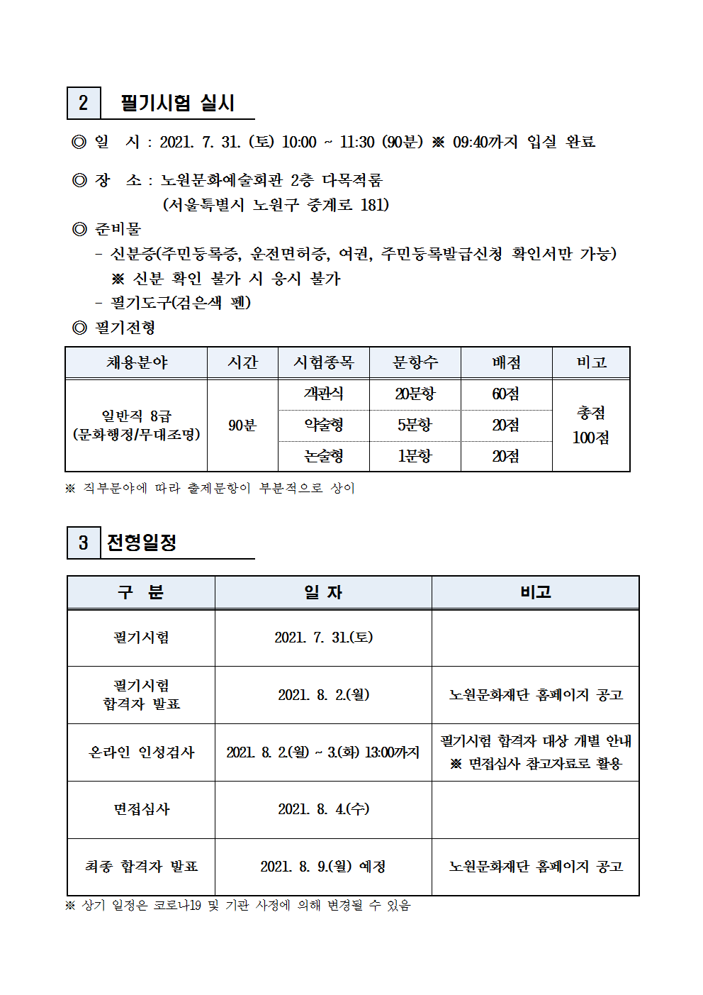 (재)노원문화재단 2021년 제5차 공개채용(일반직) 서류전형 합격자 발표 및 필기시험 일정 공고002.png