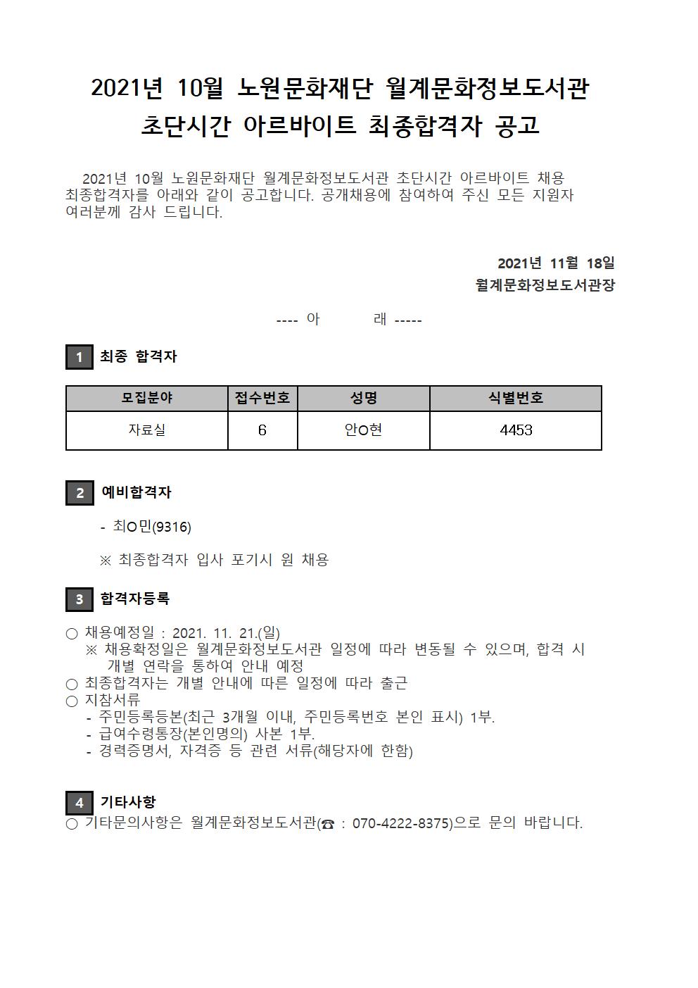 2021년 10월 노원문화재단 월계문화정보도서관 초단시간 아르바이트 최종합격자 공고.jpg