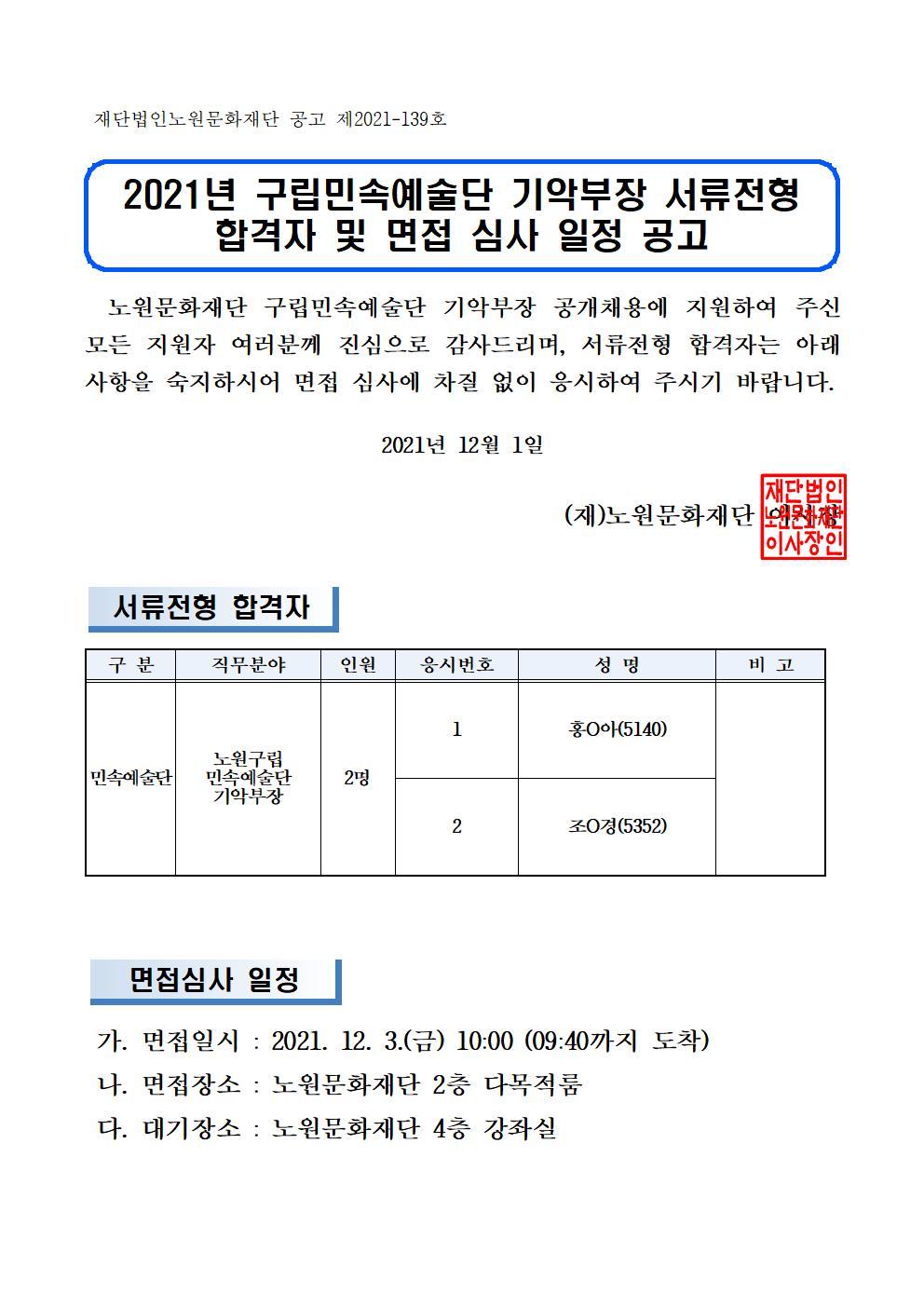 2021년 노원구립민속예술단 기악부장 서류 합격자 및 면접심사 일정 공고001.jpg