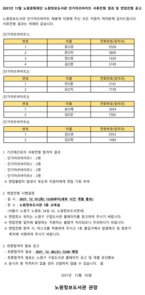 2021년 11월 노원정보도서관 단기아르바이트 서류전형 결과 및 면접전형 공고.jpg