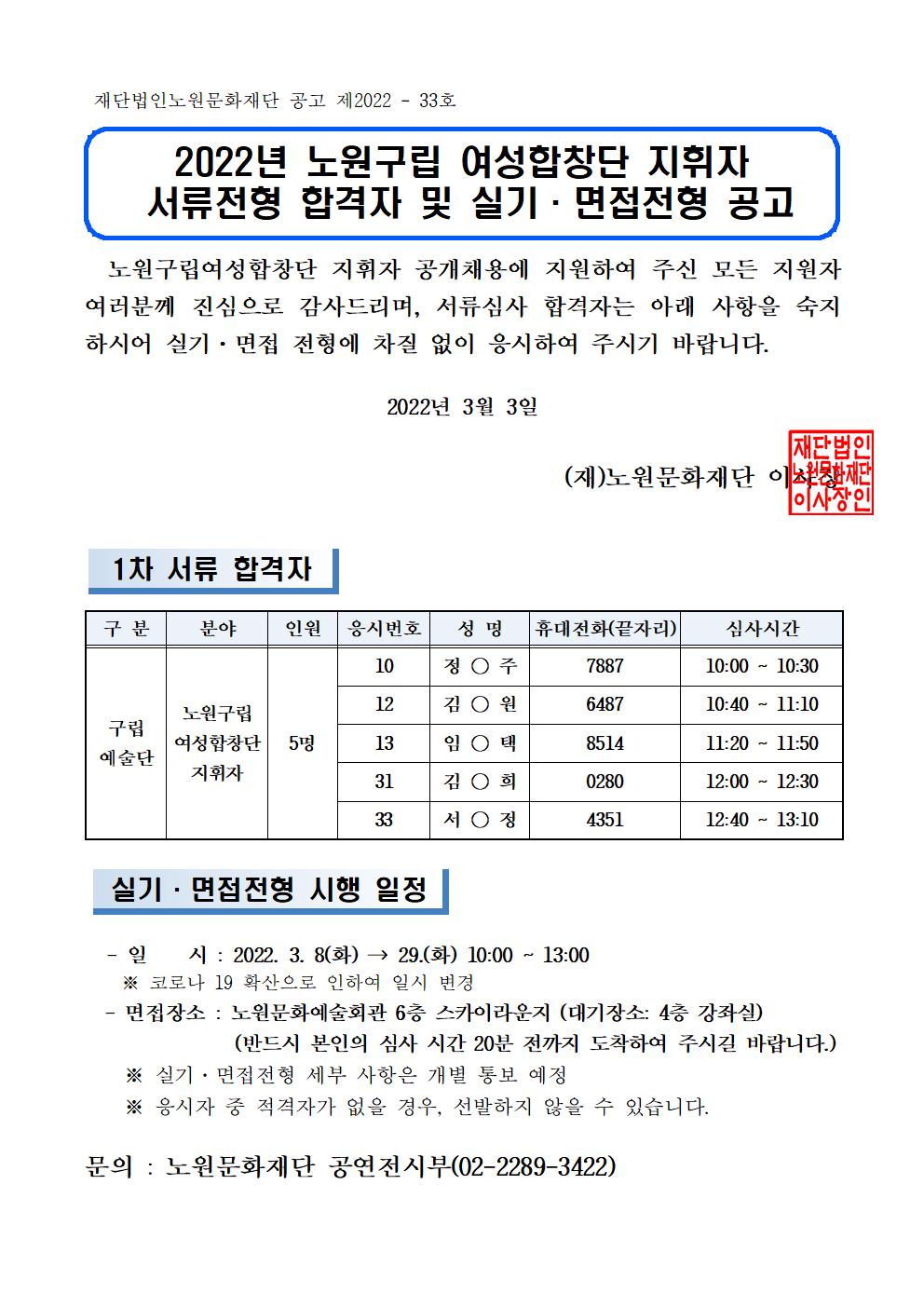 2022년 노원구립 여성합창단 지휘자서류심사 합격자 및 2차심사 공고(최종)001.jpg