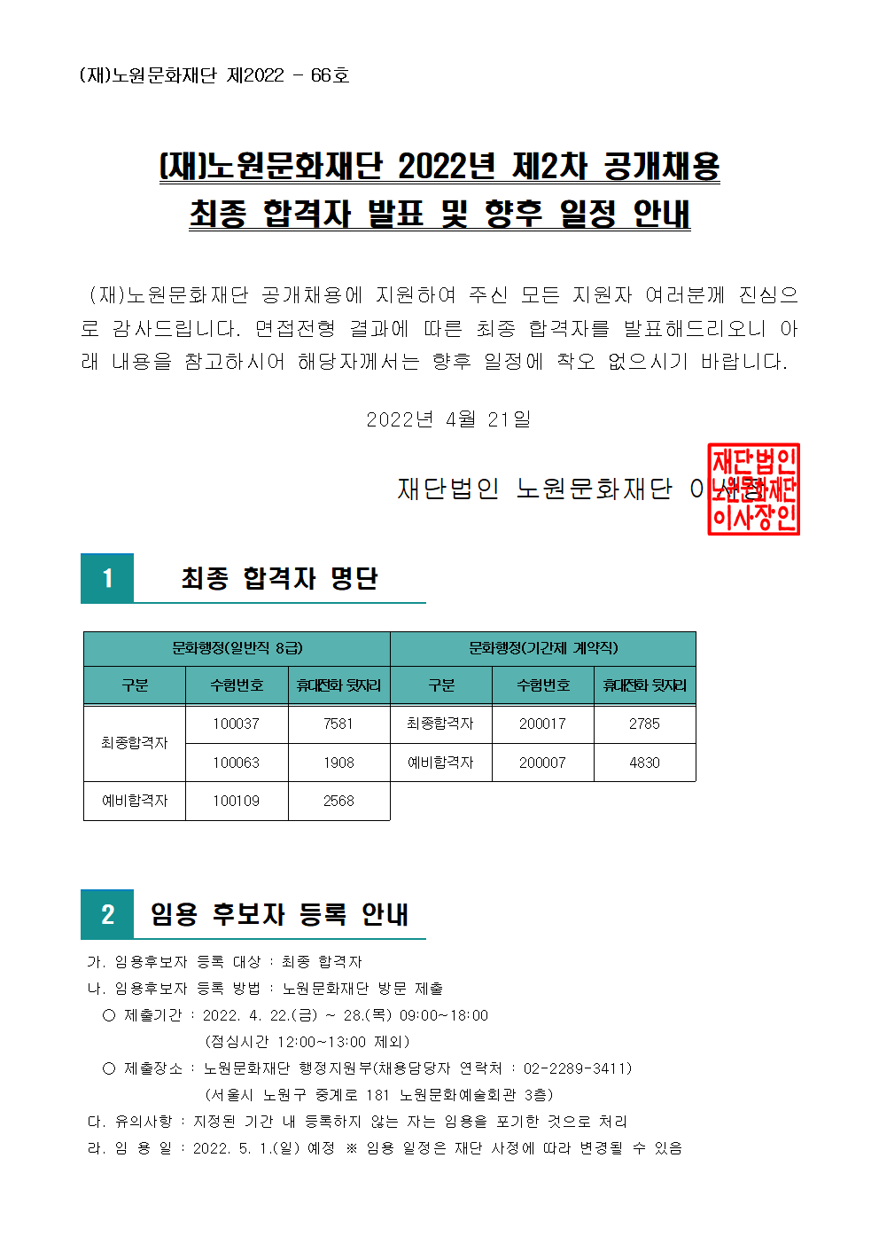 (재)노원문화재단 2022년 제2차 공개채용 최종 합격자 발표 및 향후 일정 안내001.png
