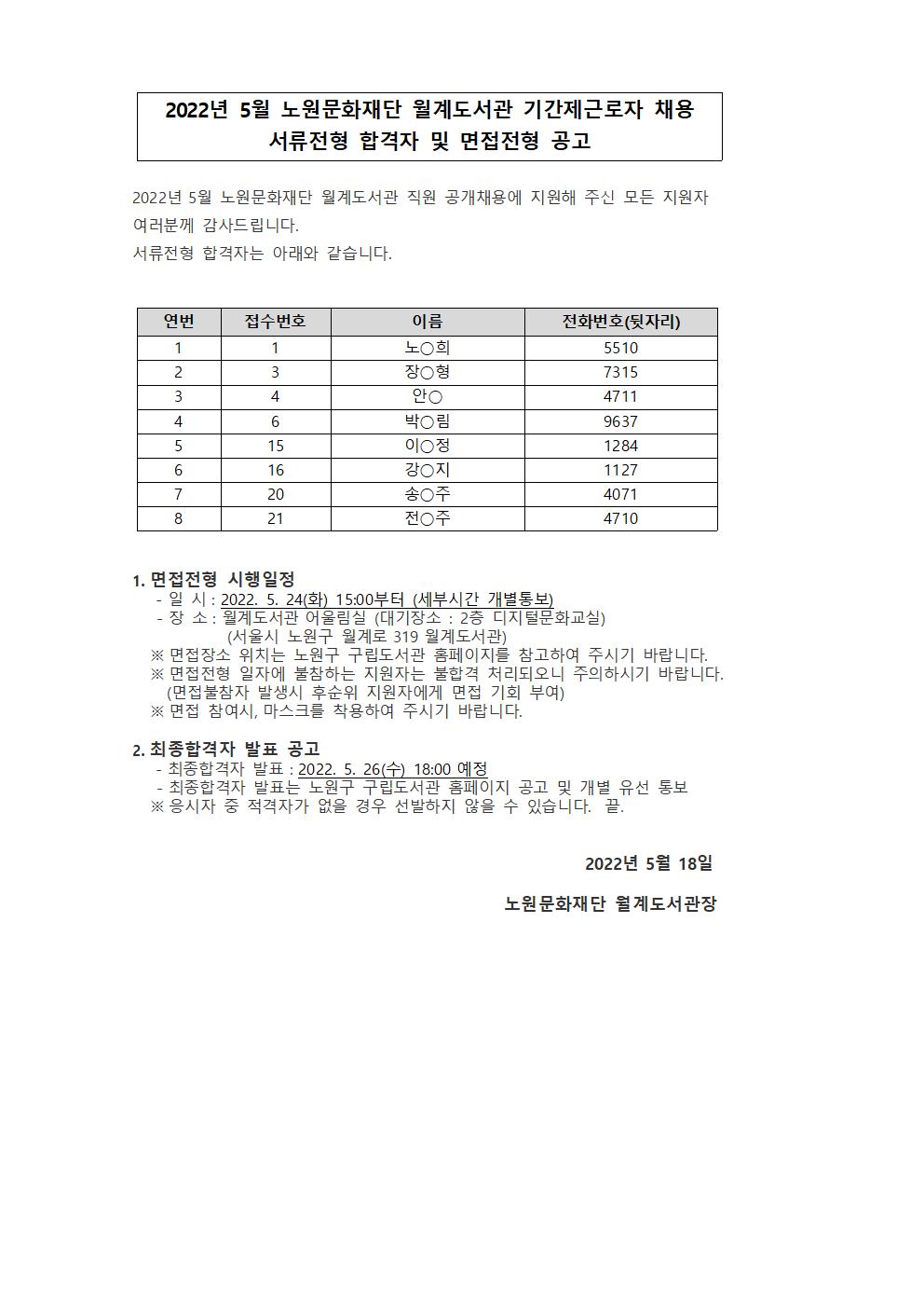 2022년 5월 단시간근로자 서류전형 합격자 및 면접전형 공고.jpg
