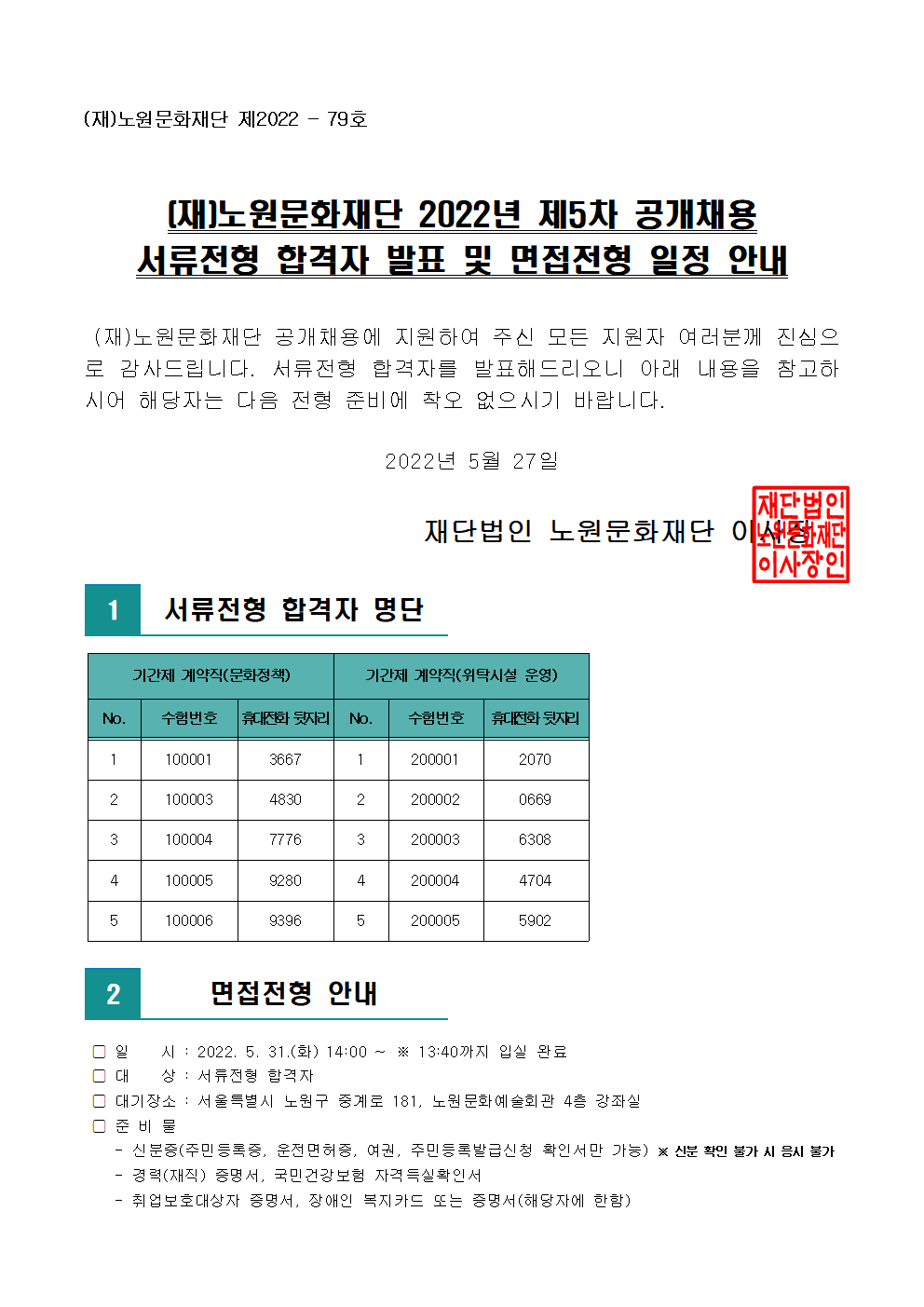(재)노원문화재단 2022년 제5차 공개채용 서류전형 합격자 발표 및 면접전형 일정 안내001.png