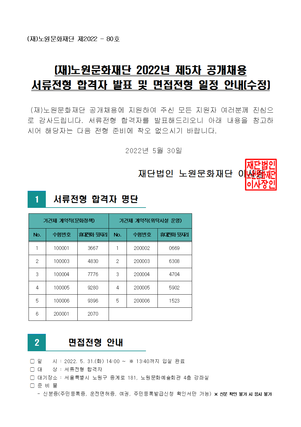 (재)노원문화재단 2022년 제5차 공개채용 서류전형 합격자 발표 및 면접전형 일정 안내(수정)001.png