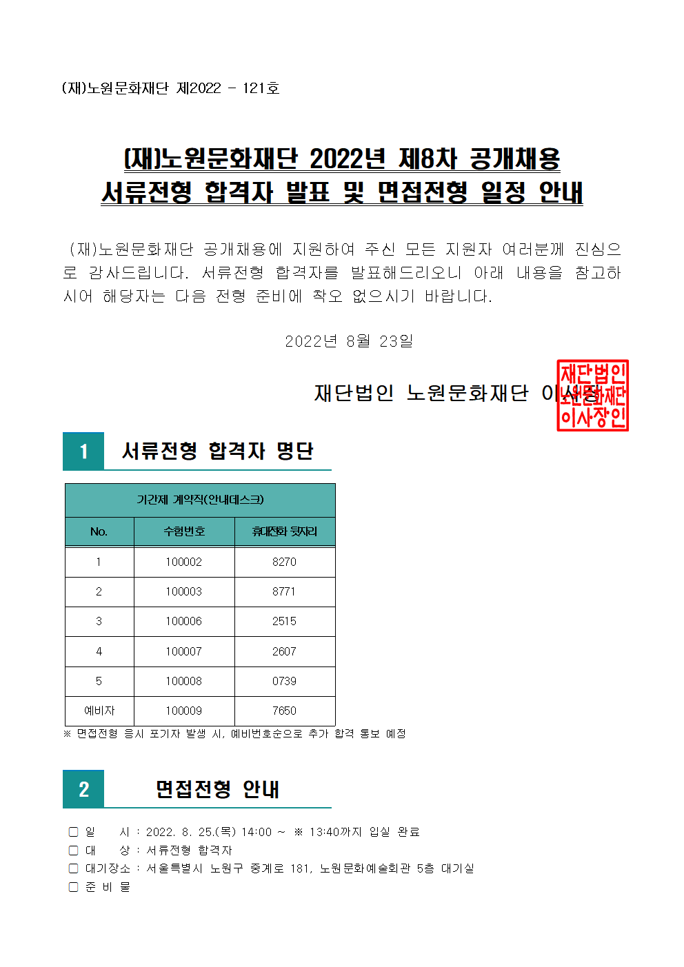 3. (재)노원문화재단 2022년 제8차 공개채용 서류전형 합격자 발표 및 면접전형 일정 안내001.png