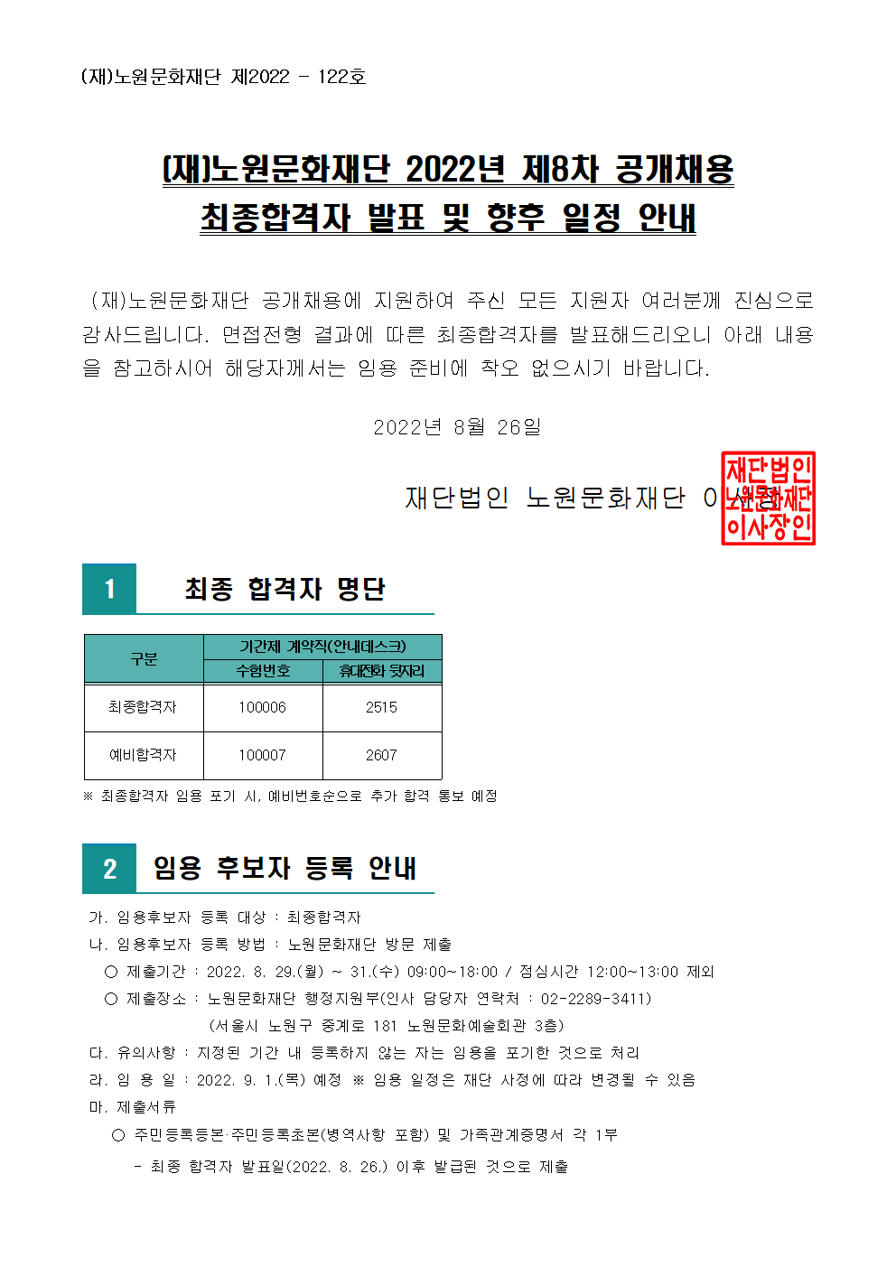 (재)노원문화재단 2022년 제8차 공개채용 최종 합격자 발표 및 향후 일정 안내001.png