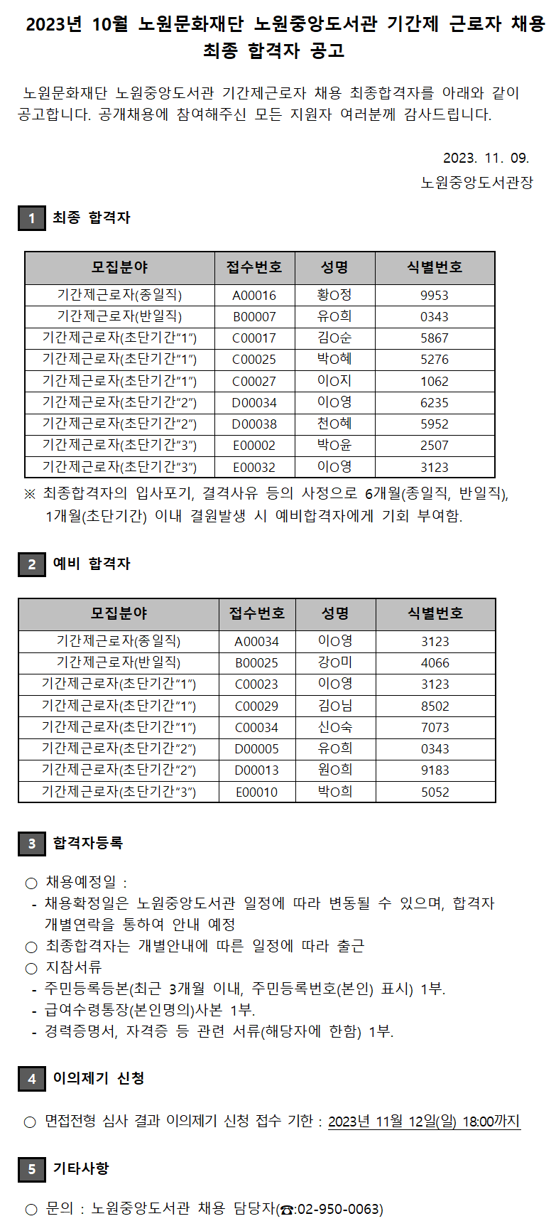 2023년 10월 노원문화재단 노원중앙도서관 기간제 근로자 채용 최종 합격자 공고001.png