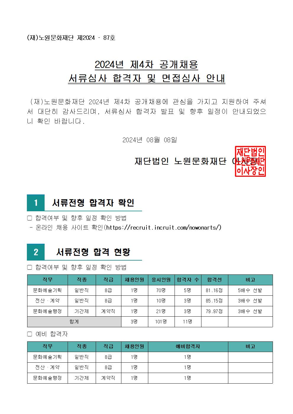 2.2024년 제4차 공개채용 서류심사 합격자 및 면접심사 안내(공고문)001.jpg