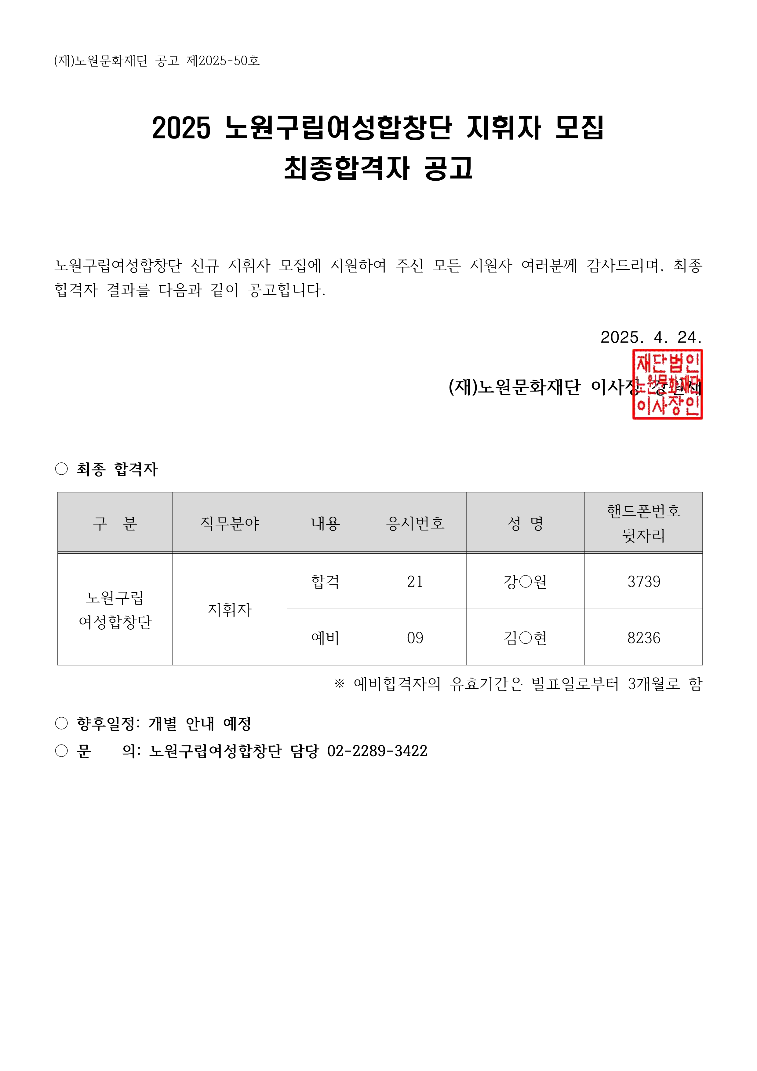 2025 노원구립여성합창단 지휘자 모집 최종합격자 공고.png
